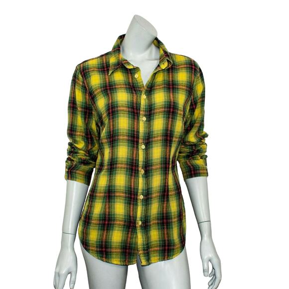 CP Shades Women's Button up Flannel Shirt Yellow Green Plaid Cotton Size Medium - Picture 3 of 9